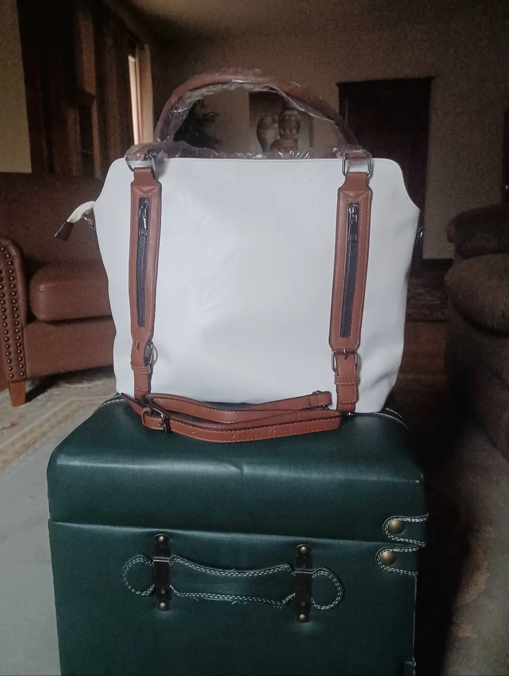 WHITE & BROWN SHOULDER BAG w/GENUINE LEATHER ACCENTS/TRIM-(NEW) - Picture 1 of 10